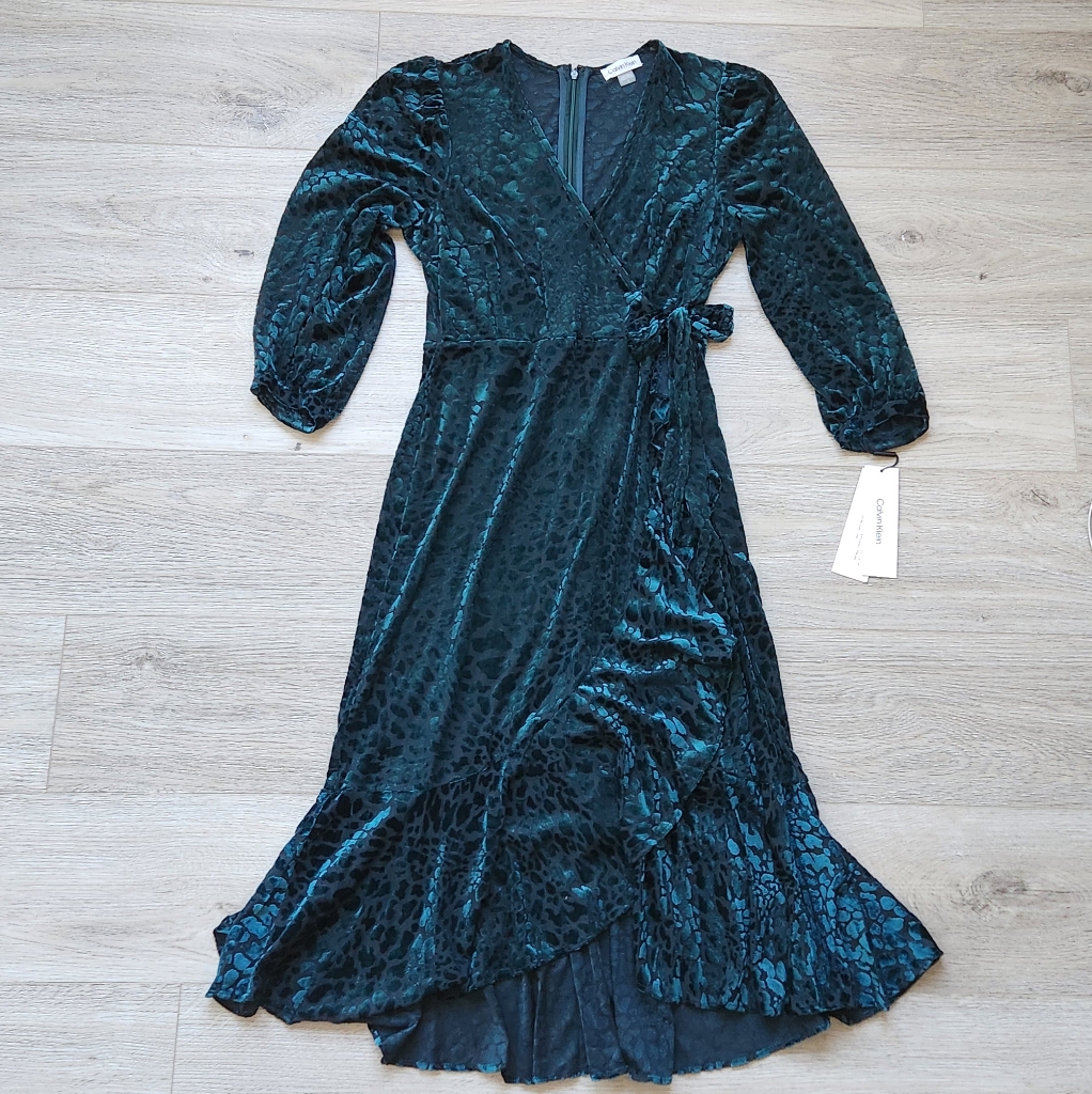 Calvin Klein Burnout Velvet Animal Print Dress Womens 8 Green Faux Wrap